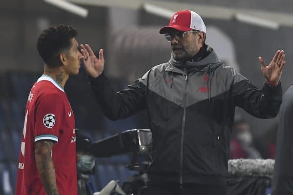 BERGAMO, ITALY - Tuesday, November 3, 2020: Liverpool's manager Jürgen Klopp prepares to bring on substitute Roberto Firmino during the UEFA Champions League Group D match between Atalanta BC and Liverpool FC at the Stadio di Bergamo. (Pic by Simone Arveda/Propaganda)