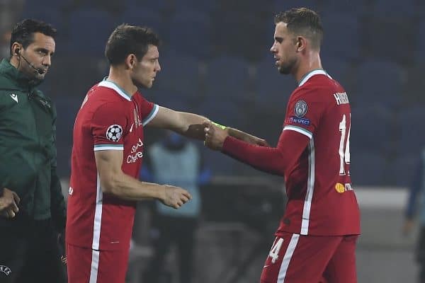 BERGAMO, ITALY - Tuesday, November 3, 2020: Liverpool's captain Jordan Henderson hands over the captain's armband to substitute James Milner during the UEFA Champions League Group D match between Atalanta BC and Liverpool FC at the Stadio di Bergamo. (Pic by Simone Arveda/Propaganda)