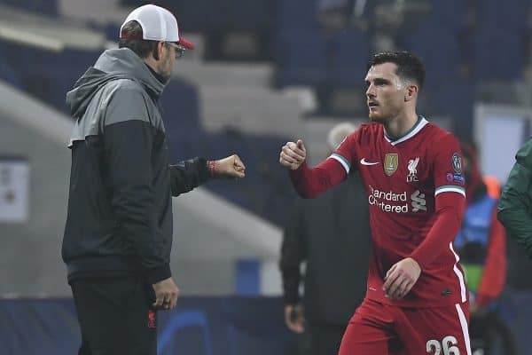 BERGAMO, ITALY - Tuesday, November 3, 2020: Liverpool's manager Jürgen Klopp (L) fist bumps Andy Robertson during the UEFA Champions League Group D match between Atalanta BC and Liverpool FC at the Stadio di Bergamo. (Pic by Simone Arveda/Propaganda)