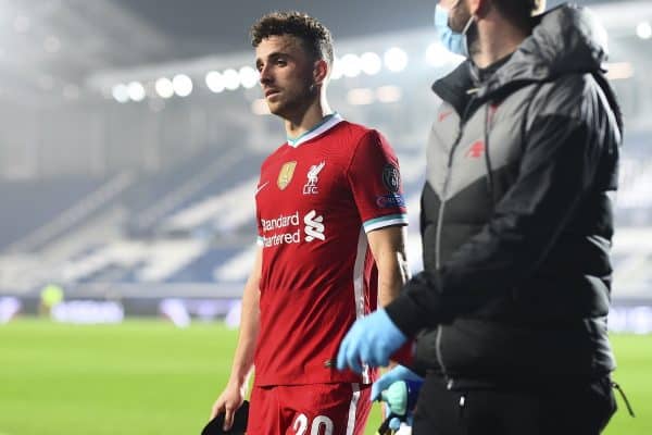 BERGAMO, ITALY - Tuesday, November 3, 2020: Liverpool's hat-trick hero Diogo Jota walks off injured during the UEFA Champions League Group D match between Atalanta BC and Liverpool FC at the Stadio di Bergamo. (Pic by Simone Arveda/Propaganda)