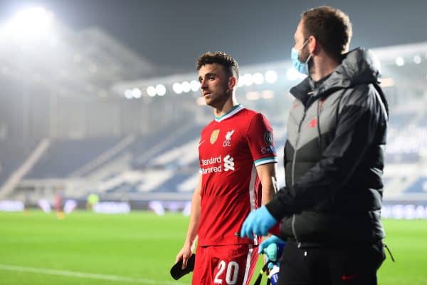 BERGAMO, ITALY - Tuesday, November 3, 2020: Liverpool's hat-trick hero Diogo Jota walks off injured during the UEFA Champions League Group D match between Atalanta BC and Liverpool FC at the Stadio di Bergamo. (Pic by Simone Arveda/Propaganda)