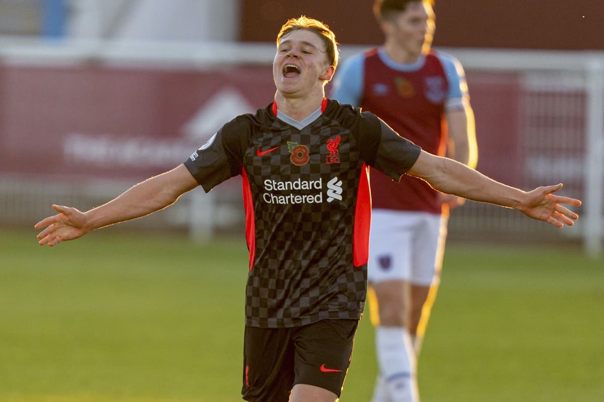 LONDON, ENGLAND - Friday, November 6, 2020: Liverpool's substitute Paul Glatzel celebrates after scoring the fourth goal during the Premier League 2 Division 1 match between West Ham United FC Under-23's and Liverpool FC Under-23's at Rush Green. Liverpool won 4-2. (Pic by David Rawcliffe/Propaganda)