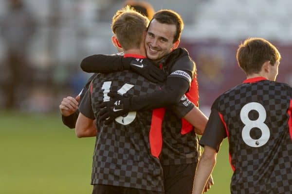 LONDON, ENGLAND - Friday, November 6, 2020: Liverpool's substitute Paul Glatzel (L) celebrates with team-mate captain Liam Millar after scoring the fourth goal during the Premier League 2 Division 1 match between West Ham United FC Under-23's and Liverpool FC Under-23's at Rush Green. Liverpool won 4-2. (Pic by David Rawcliffe/Propaganda)