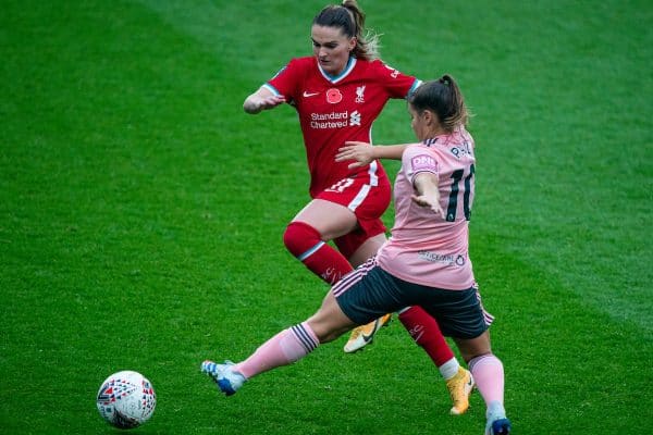 BIRKENHEAD, ENGLAND - Sunday, November 8, 2020: Liverpool's Amalie Thestrup gets past Sheffield United's Alethea Paul during the FA Women’s Championship game between Liverpool FC Women and Sheffield United Women FC at Prenton Park. (Pic by David Rawcliffe/Propaganda)