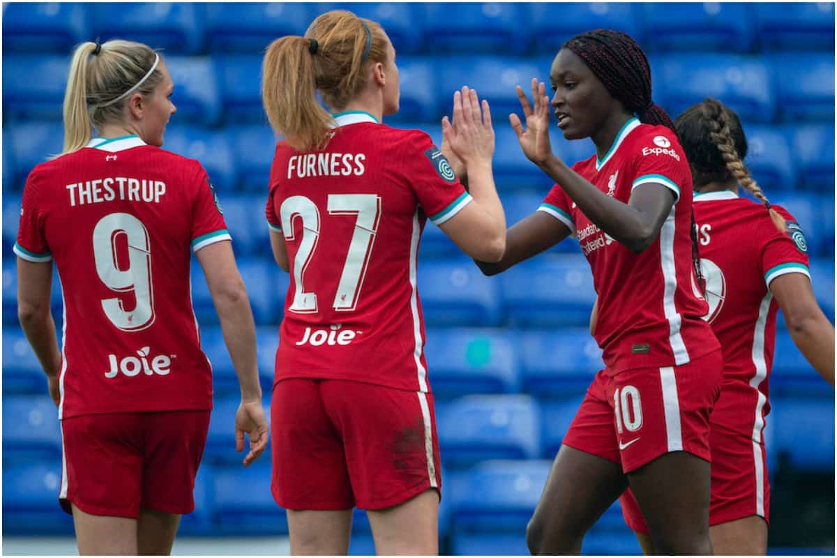 BIRKENHEAD, ENGLAND - Sunday, November 8, 2020: Liverpool's Rinsola Babajide (R) celebrates after scoring the first goal during the FA Women’s Championship game between Liverpool FC Women and Sheffield United Women FC at Prenton Park. (Pic by David Rawcliffe/Propaganda)