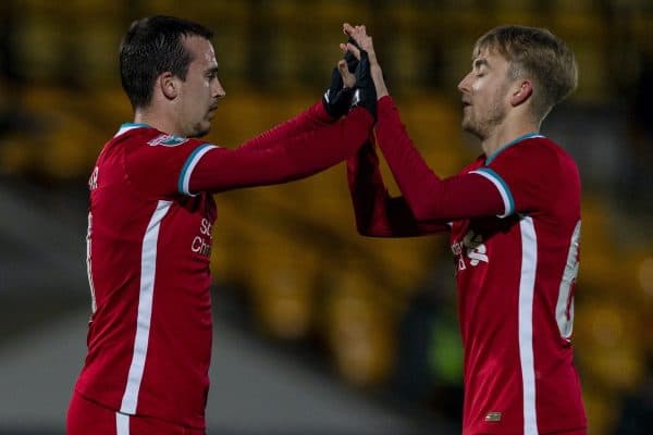 STOKE-ON-TRENT, ENGLAND - Tuesday, November 10, 2020: Liverpool's Liam Millar (L) with team=mate Jake Cain celebrates after scoring the first goal during the EFL Trophy Northern Group D match between Port Vale FC and Liverpool FC Under-21's at Vale Park. (Pic by David Rawcliffe/Propaganda)