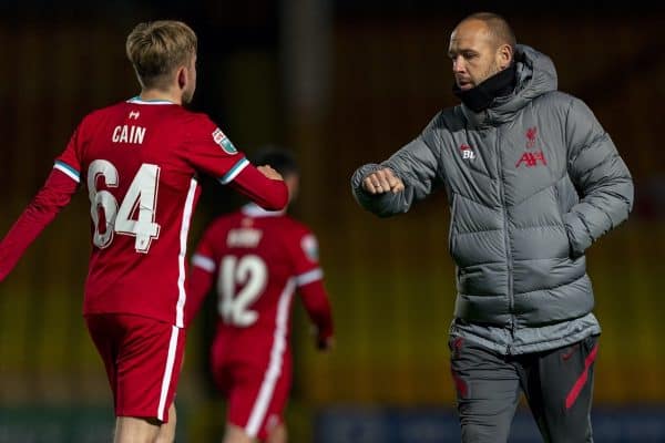 STOKE-ON-TRENT, ENGLAND - Tuesday, November 10, 2020: Liverpool's manager Barry Lewtas fist bumps Jake Cain after the EFL Trophy Northern Group D match between Port Vale FC and Liverpool FC Under-21's at Vale Park. (Pic by David Rawcliffe/Propaganda)