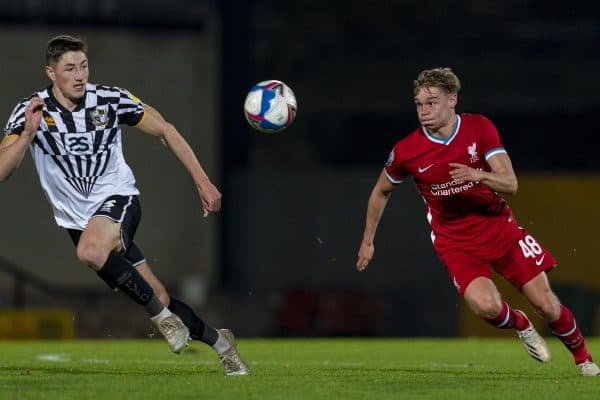 STOKE-ON-TRENT, ENGLAND - Tuesday, November 10, 2020: Liverpool's Paul Glatzel (R) and Port Vale's Nathan Smith during the EFL Trophy Northern Group D match between Port Vale FC and Liverpool FC Under-21's at Vale Park. (Pic by David Rawcliffe/Propaganda)