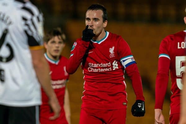 STOKE-ON-TRENT, ENGLAND - Tuesday, November 10, 2020: Liverpool's Liam Millar celebrates after scoring the first goal, his second of the game, during the EFL Trophy Northern Group D match between Port Vale FC and Liverpool FC Under-21's at Vale Park. (Pic by David Rawcliffe/Propaganda)