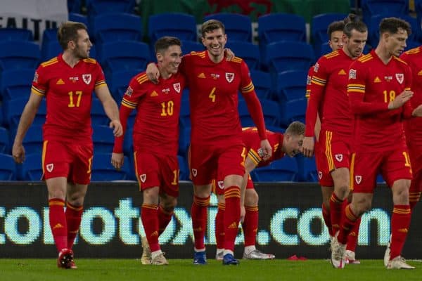 CARDIFF, WALES - Wednesday, November 18, 2020: Wales' Harry Wilson (2nd from L) celebrates after scoring the first goal with team-mate Chris Mepham during the UEFA Nations League Group Stage League B Group 4 match between Wales and Finland at the Cardiff City Stadium. (Pic by David Rawcliffe/Propaganda)