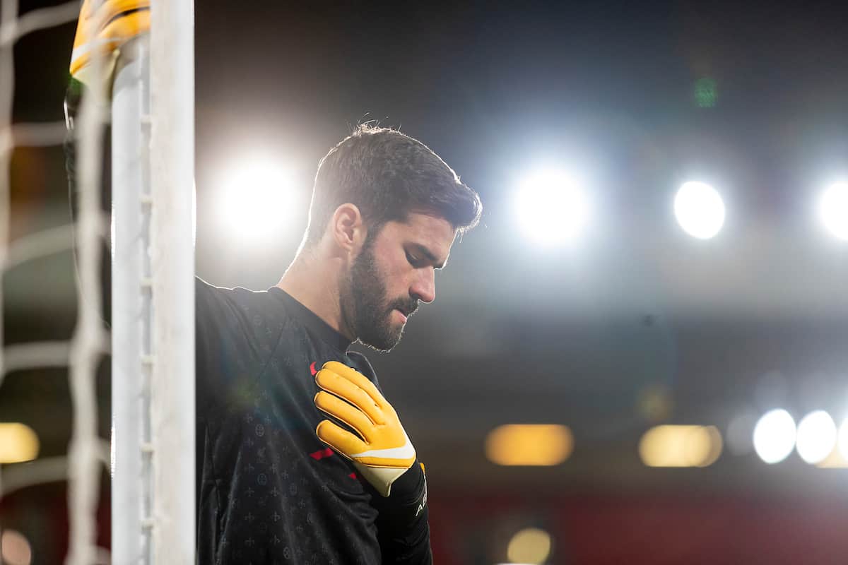 LIVERPOOL, ENGLAND - Sunday, November 22, 2020: Liverpool’s goalkeeper Alisson Becker during the pre-match warm-up before the FA Premier League match between Liverpool FC and Leicester City FC at Anfield. The game was played behind closed doors due to the UK government’s social distancing laws during the Coronavirus COVID-19 Pandemic. (Pic by David Rawcliffe/Propaganda)