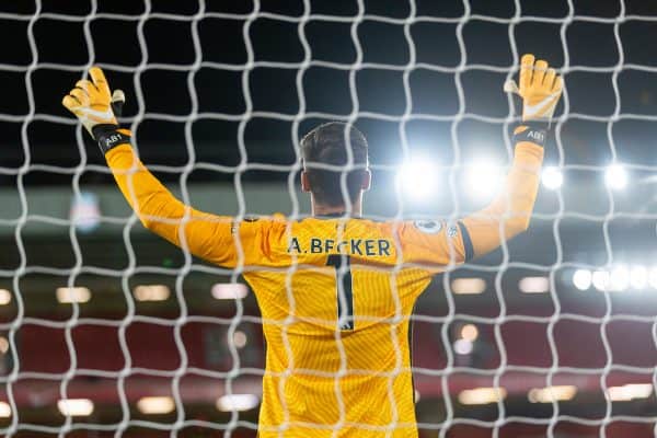 LIVERPOOL, ENGLAND - Sunday, November 22, 2020: Liverpool’s goalkeeper Alisson Becker before the FA Premier League match between Liverpool FC and Leicester City FC at Anfield. The game was played behind closed doors due to the UK government’s social distancing laws during the Coronavirus COVID-19 Pandemic. (Pic by David Rawcliffe/Propaganda)