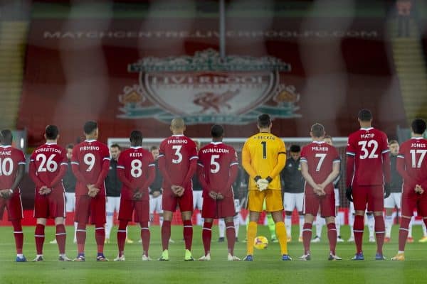 LIVERPOOL, ENGLAND - Sunday, November 22, 2020: Liverpool’ players stand to remember former Liverpool and England goalkeeper Ray Clemence who died earlier in the week, before the FA Premier League match between Liverpool FC and Leicester City FC at Anfield. The game was played behind closed doors due to the UK government’s social distancing laws during the Coronavirus COVID-19 Pandemic. (Pic by David Rawcliffe/Propaganda)