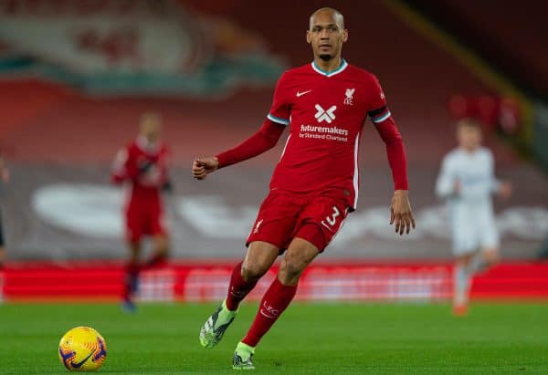 LIVERPOOL, ENGLAND - Sunday, November 22, 2020: Liverpool’s Fabio Henrique Tavares 'Fabinho' during the FA Premier League match between Liverpool FC and Leicester City FC at Anfield. The game was played behind closed doors due to the UK government’s social distancing laws during the Coronavirus COVID-19 Pandemic. (Pic by David Rawcliffe/Propaganda)