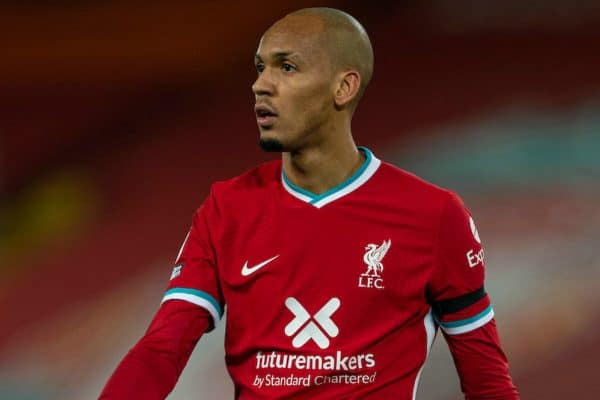 LIVERPOOL, ENGLAND - Sunday, November 22, 2020: Liverpool’s Fabio Henrique Tavares 'Fabinho' during the FA Premier League match between Liverpool FC and Leicester City FC at Anfield. The game was played behind closed doors due to the UK government’s social distancing laws during the Coronavirus COVID-19 Pandemic. (Pic by David Rawcliffe/Propaganda)