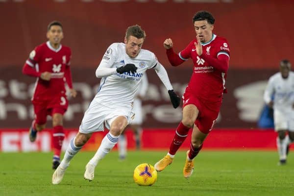 LIVERPOOL, ENGLAND - Sunday, November 22, 2020: Leicester City's Jamie Vardy (L) and Liverpool's Curtis Jones during the FA Premier League match between Liverpool FC and Leicester City FC at Anfield. The game was played behind closed doors due to the UK government’s social distancing laws during the Coronavirus COVID-19 Pandemic. (Pic by David Rawcliffe/Propaganda)