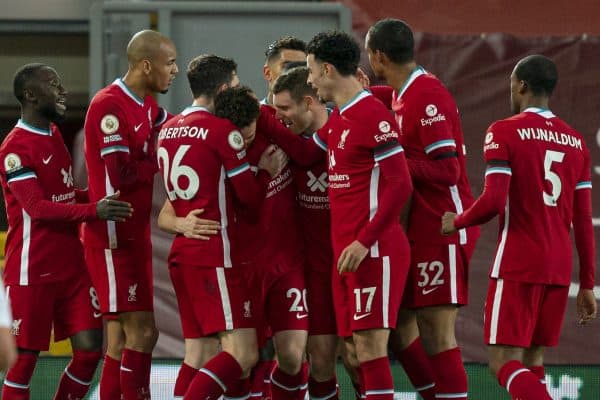 LIVERPOOL, ENGLAND - Sunday, November 22, 2020: Liverpool’s Diogo Jota celebrates after scoring the second goal during the FA Premier League match between Liverpool FC and Leicester City FC at Anfield. The game was played behind closed doors due to the UK government’s social distancing laws during the Coronavirus COVID-19 Pandemic. (Pic by David Rawcliffe/Propaganda)