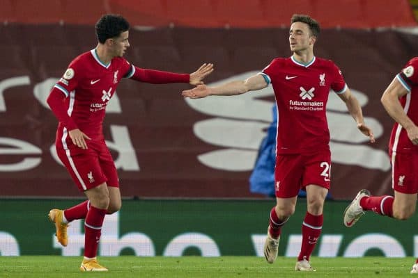 LIVERPOOL, ENGLAND - Sunday, November 22, 2020: Liverpool’s Diogo Jota (R) celebrates after scoring the second goal with team-mate Curtis Jones (L) during the FA Premier League match between Liverpool FC and Leicester City FC at Anfield. The game was played behind closed doors due to the UK government’s social distancing laws during the Coronavirus COVID-19 Pandemic. (Pic by David Rawcliffe/Propaganda)