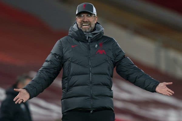 LIVERPOOL, ENGLAND - Sunday, November 22, 2020: Liverpool’s manager Jürgen Klopp reacts during the FA Premier League match between Liverpool FC and Leicester City FC at Anfield. The game was played behind closed doors due to the UK government’s social distancing laws during the Coronavirus COVID-19 Pandemic. (Pic by David Rawcliffe/Propaganda)