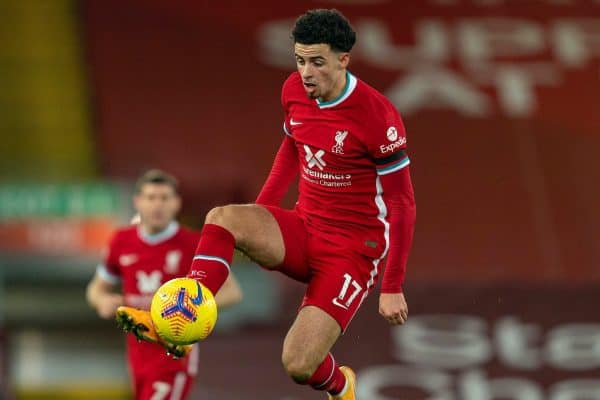 LIVERPOOL, ENGLAND - Sunday, November 22, 2020: Liverpool’s Curtis Jones during the FA Premier League match between Liverpool FC and Leicester City FC at Anfield. The game was played behind closed doors due to the UK government’s social distancing laws during the Coronavirus COVID-19 Pandemic. (Pic by David Rawcliffe/Propaganda)