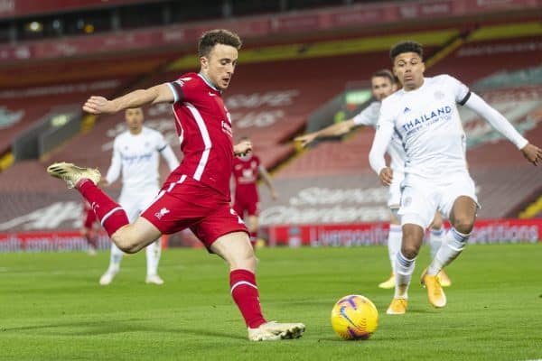 LIVERPOOL, ENGLAND - Sunday, November 22, 2020: Liverpool’s Diogo Jota during the FA Premier League match between Liverpool FC and Leicester City FC at Anfield. The game was played behind closed doors due to the UK government’s social distancing laws during the Coronavirus COVID-19 Pandemic. (Pic by David Rawcliffe/Propaganda)