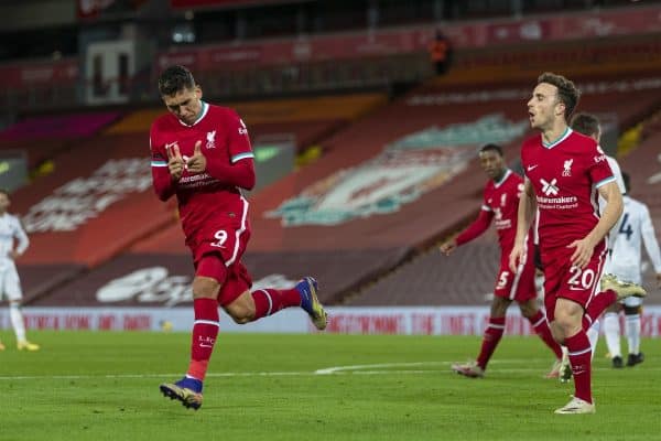 LIVERPOOL, ENGLAND - Sunday, November 22, 2020: Liverpool’s Roberto Firmino celebrates after scoring the third goal during the FA Premier League match between Liverpool FC and Leicester City FC at Anfield. The game was played behind closed doors due to the UK government’s social distancing laws during the Coronavirus COVID-19 Pandemic. (Pic by David Rawcliffe/Propaganda)