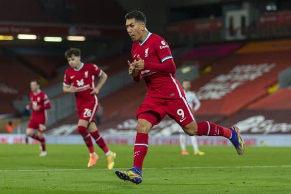 LIVERPOOL, ENGLAND - Sunday, November 22, 2020: Liverpool’s Roberto Firmino celebrates after scoring the third goal during the FA Premier League match between Liverpool FC and Leicester City FC at Anfield. The game was played behind closed doors due to the UK government’s social distancing laws during the Coronavirus COVID-19 Pandemic. (Pic by David Rawcliffe/Propaganda)