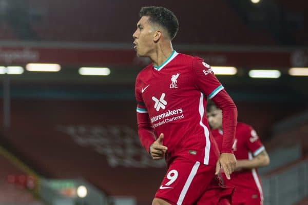 LIVERPOOL, ENGLAND - Sunday, November 22, 2020: Liverpool’s Roberto Firmino celebrates after scoring the third goal during the FA Premier League match between Liverpool FC and Leicester City FC at Anfield. The game was played behind closed doors due to the UK government’s social distancing laws during the Coronavirus COVID-19 Pandemic. (Pic by David Rawcliffe/Propaganda)