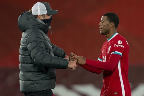 LIVERPOOL, ENGLAND - Sunday, November 22, 2020: Liverpool’s manager Jürgen Klopp celebrates with Georginio Wijnaldum (R) after the FA Premier League match between Liverpool FC and Leicester City FC at Anfield. The game was played behind closed doors due to the UK government’s social distancing laws during the Coronavirus COVID-19 Pandemic. Liverpool won 3-0. (Pic by David Rawcliffe/Propaganda)