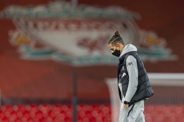 LIVERPOOL, ENGLAND - Wednesday, November 25, 2020: Liverpool's Rhys Williams on the pitch before the UEFA Champions League Group D match between Liverpool FC and Atalanta BC at Anfield. (Pic by David Rawcliffe/Propaganda)