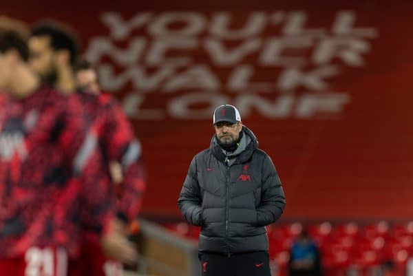 LIVERPOOL, ENGLAND - Wednesday, November 25, 2020: Liverpool's manager Jürgen Klopp during the pre-match warm-up before the UEFA Champions League Group D match between Liverpool FC and Atalanta BC at Anfield. (Pic by David Rawcliffe/Propaganda)