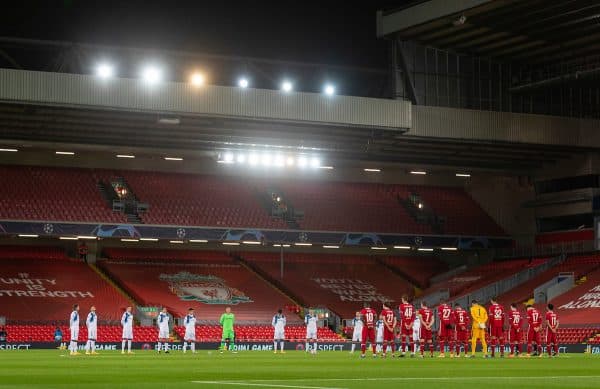 LIVERPOOL, ENGLAND - Wednesday, November 25, 2020: Liverpool and Atalanta players stand for a moment's silence, to remember Diego Maradona who died earlier in the day, before the UEFA Champions League Group D match between Liverpool FC and Atalanta BC at Anfield. (Pic by David Rawcliffe/Propaganda)