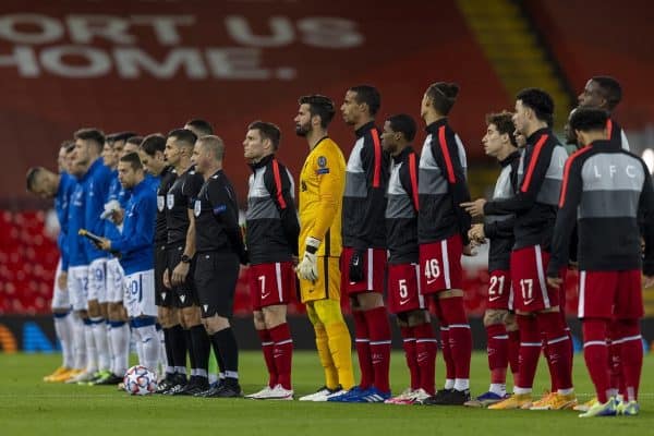 LIVERPOOL, ENGLAND - Wednesday, November 25, 2020: Liverpool's goalkeeper Alisson Becker and his team-mates line-up before the UEFA Champions League Group D match between Liverpool FC and Atalanta BC at Anfield. (Pic by David Rawcliffe/Propaganda)