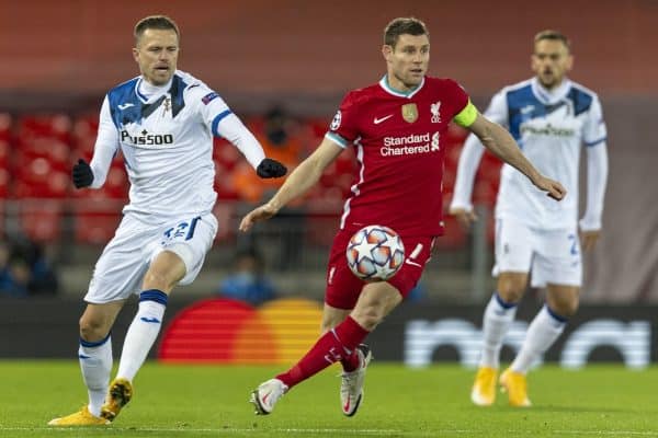 LIVERPOOL, ENGLAND - Wednesday, November 25, 2020: Liverpool's James Milner (R) during the UEFA Champions League Group D match between Liverpool FC and Atalanta BC at Anfield. (Pic by David Rawcliffe/Propaganda)