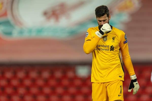 LIVERPOOL, ENGLAND - Wednesday, November 25, 2020: Liverpool's goalkeeper Alisson Becker during the UEFA Champions League Group D match between Liverpool FC and Atalanta BC at Anfield. (Pic by David Rawcliffe/Propaganda)
