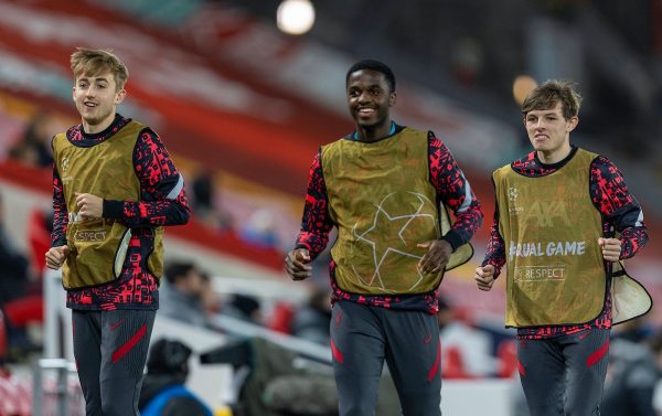 LIVERPOOL, ENGLAND - Wednesday, November 25, 2020: Liverpool's substitutes L-R Jake Cain, Billy Koumetio and Leighton Clarkson during the UEFA Champions League Group D match between Liverpool FC and Atalanta BC at Anfield. (Pic by David Rawcliffe/Propaganda)