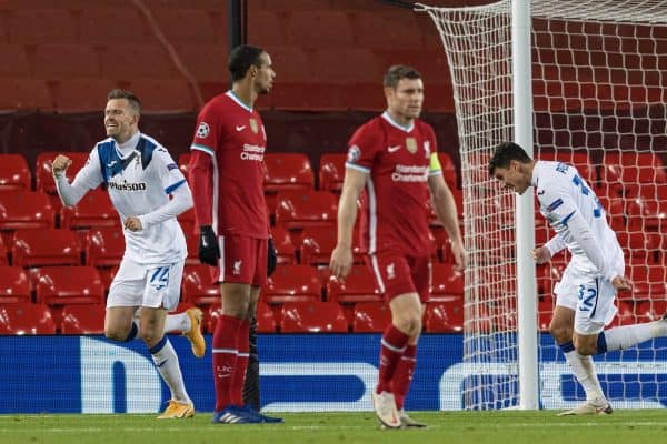 LIVERPOOL, ENGLAND - Wednesday, November 25, 2020: Atalanta's Josip Ilic?ic? celebrates after scoring the first goal during the UEFA Champions League Group D match between Liverpool FC and Atalanta BC at Anfield. (Pic by David Rawcliffe/Propaganda)