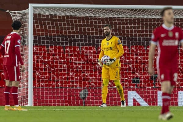 LIVERPOOL, ENGLAND - Wednesday, November 25, 2020: Liverpool's goalkeeper Alisson Becker (R) looks dejected as Atalanta score a second goal to make the score 0-2 during the UEFA Champions League Group D match between Liverpool FC and Atalanta BC at Anfield. (Pic by David Rawcliffe/Propaganda)