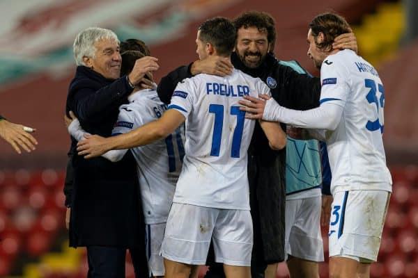 LIVERPOOL, ENGLAND - Wednesday, November 25, 2020: Atalanta's head coach Gian Piero Gasperini (L) celebrates with players after the UEFA Champions League Group D match between Liverpool FC and Atalanta BC at Anfield. Atalanta won 2-0. (Pic by David Rawcliffe/Propaganda)