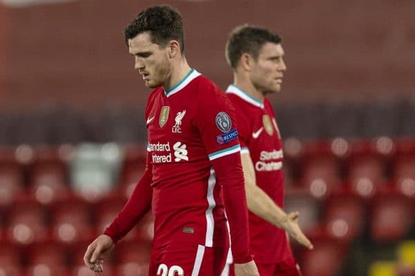 LIVERPOOL, ENGLAND - Wednesday, November 25, 2020: Liverpool's Andy Robertson (L) and James Milner look dejected after the UEFA Champions League Group D match between Liverpool FC and Atalanta BC at Anfield. Atalanta won 2-0. (Pic by David Rawcliffe/Propaganda)