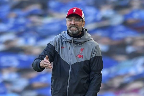 BRIGHTON & HOVE, ENGLAND - Saturday, November 28, 2020: Liverpool's manager Jürgen Klopp reacts during the FA Premier League match between Brighton & Hove Albion FC and Liverpool FC at the AMEX Stadium. The game was played behind closed doors due to the UK government’s social distancing laws during the Coronavirus COVID-19 Pandemic. (Pic by Propaganda)