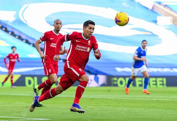 BRIGHTON & HOVE, ENGLAND - Saturday, November 28, 2020: Liverpool's Roberto Firmino during the FA Premier League match between Brighton & Hove Albion FC and Liverpool FC at the AMEX Stadium. The game was played behind closed doors due to the UK government’s social distancing laws during the Coronavirus COVID-19 Pandemic. (Pic by Propaganda)