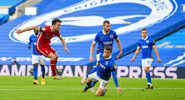 BRIGHTON & HOVE, ENGLAND - Saturday, November 28, 2020: Liverpool's Diogo Jota scores the first goal during the FA Premier League match between Brighton & Hove Albion FC and Liverpool FC at the AMEX Stadium. The game was played behind closed doors due to the UK government’s social distancing laws during the Coronavirus COVID-19 Pandemic. (Pic by Propaganda)