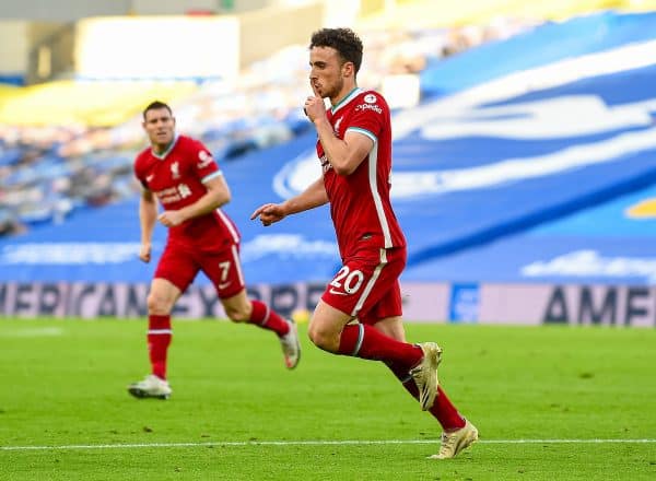 BRIGHTON & HOVE, ENGLAND - Saturday, November 28, 2020: Liverpool's Diogo Jota celebrates after scoring the first goal during the FA Premier League match between Brighton & Hove Albion FC and Liverpool FC at the AMEX Stadium. The game was played behind closed doors due to the UK government’s social distancing laws during the Coronavirus COVID-19 Pandemic. (Pic by Propaganda)