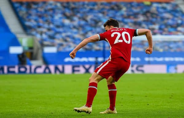 BRIGHTON & HOVE, ENGLAND - Saturday, November 28, 2020: Liverpool's Diogo Jota celebrates after scoring the first goal during the FA Premier League match between Brighton & Hove Albion FC and Liverpool FC at the AMEX Stadium. The game was played behind closed doors due to the UK government’s social distancing laws during the Coronavirus COVID-19 Pandemic. (Pic by Propaganda)