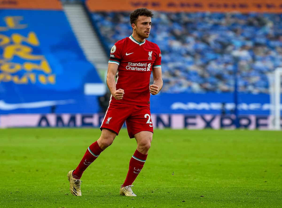 BRIGHTON & HOVE, ENGLAND - Saturday, November 28, 2020: Liverpool's Diogo Jota celebrates after scoring the first goal during the FA Premier League match between Brighton & Hove Albion FC and Liverpool FC at the AMEX Stadium. The game was played behind closed doors due to the UK government’s social distancing laws during the Coronavirus COVID-19 Pandemic. (Pic by Propaganda)
