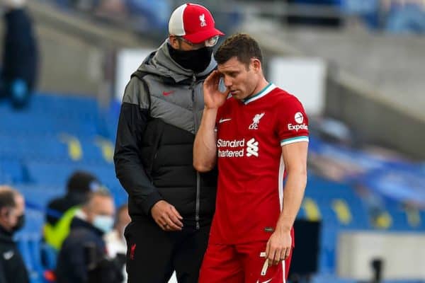 BRIGHTON & HOVE, ENGLAND - Saturday, November 28, 2020: Liverpool's James Milner walks past manager Jürgen Klopp as he goes off injured during the FA Premier League match between Brighton & Hove Albion FC and Liverpool FC at the AMEX Stadium. The game was played behind closed doors due to the UK government’s social distancing laws during the Coronavirus COVID-19 Pandemic. (Pic by Propaganda)