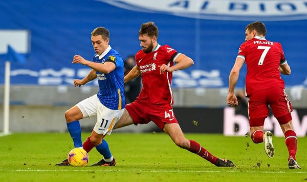 BRIGHTON & HOVE, ENGLAND - Saturday, November 28, 2020: Liverpool's Nathaniel Phillips (R) and Brighton & Hove Albion's Leandro Trossard during the FA Premier League match between Brighton & Hove Albion FC and Liverpool FC at the AMEX Stadium. The game was played behind closed doors due to the UK government’s social distancing laws during the Coronavirus COVID-19 Pandemic. (Pic by Propaganda)