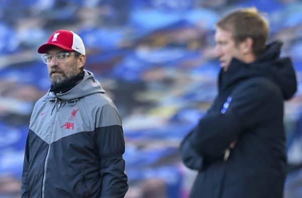 BRIGHTON & HOVE, ENGLAND - Saturday, November 28, 2020: Liverpool's manager Jürgen Klopp during the FA Premier League match between Brighton & Hove Albion FC and Liverpool FC at the AMEX Stadium. The game was played behind closed doors due to the UK government’s social distancing laws during the Coronavirus COVID-19 Pandemic. (Pic by Propaganda)