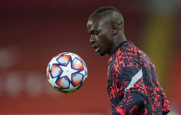 LIVERPOOL, ENGLAND - Tuesday, December 1, 2020: Liverpool's Sadio Mané during the pre-match warm-up before the UEFA Champions League Group D match between Liverpool FC and AFC Ajax at Anfield. (Pic by David Rawcliffe/Propaganda)